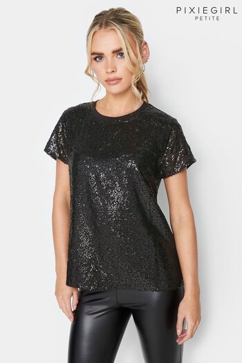 PixieGirl Petite Black Sequin Front T-Shirt (788388) | £25