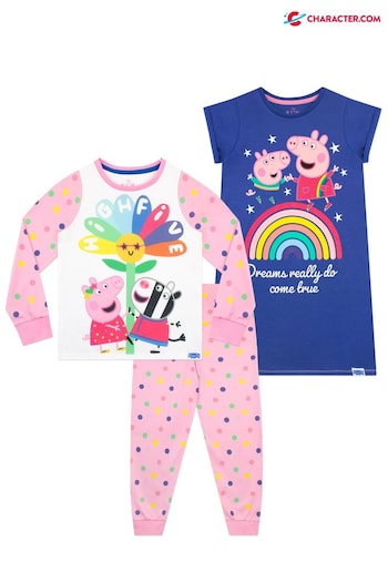 Character Pink/Blue Peppa Pig Pyjamas and Nightdress Set (788908) | £27