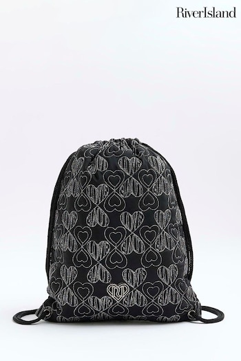 River Island Black Girls Nylon Heart Quilt Drawstring Backpack (789153) | £15