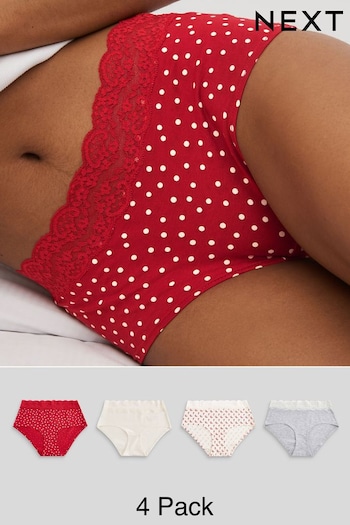 Cream/Grey/Red Midi Cotton and Lace Knickers 4 Pack (790260) | £18