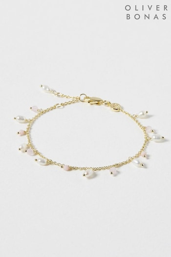 Oliver Bonas Mae Pink Opal Rose Quartz & Freshwater Pearl Gold Plated Chain Bracelet (790840) | £42