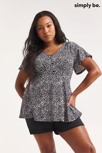 Simply Be Ditsy Black Print Supersoft Angel Sleeve Longline Top (790994) | £20