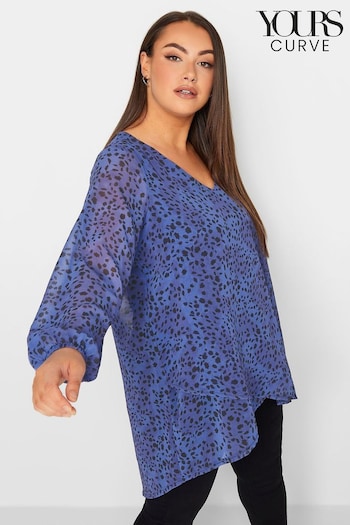 Yours Curve Blue Animal Wrap Front Blouse (791055) | £33