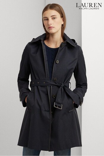 Lauren Ralph Lauren Navy Blue Faux Leather Trim Trench Coat (791231) | £299