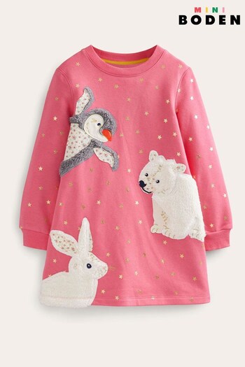 Boden Pink Cosy Christmas Tree Appliqués Sweatshirt Dress (791581) | £37 - £42