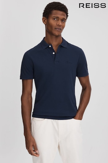 Reiss Airforce Blue Peters Slim Fit Garment Dyed Embroidered Polo Shirt (791700) | £78