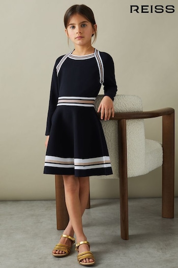 Reiss Navy Fallon 9-13 yrs Sparkle Trim Knitted Skater Dress (791721) | £74