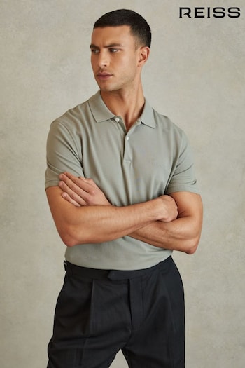 Reiss Dark Sage Peters Slim Fit Garment Dyed Embroidered Polo Shirt (791786) | £78