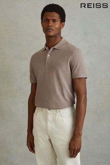 Reiss Dark Taupe Peters Slim Fit Garment Dyed Embroidered Polo Shirt (791797) | £78