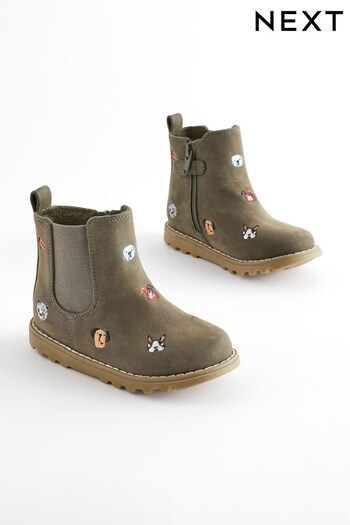 Khaki Green Embroidered Character Zip Fastening Boots Cup (792044) | £28 - £32