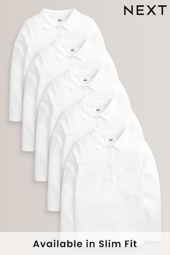 White 5 Pack Cotton Long Sleeve School Polo Shirts (3-16yrs) (792172) | £18 - £27