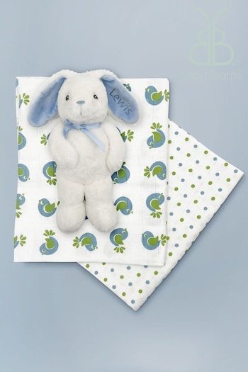 Babyblooms Baby Blue Personalised Bunny With Muslin Wrap Gift Set (793203) | £34
