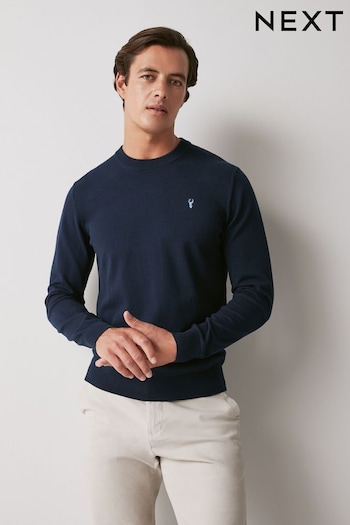Navy Blue Regular Cotton Rich Long Sleeve Crew Jumper with Stag (793886) | £25