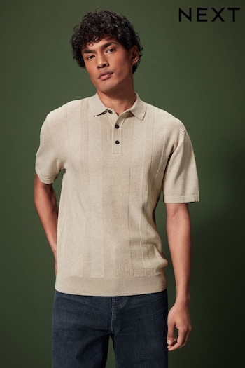 Neutral Knitted Regular Fit Textured Stripe Polo long Shirt (794171) | £28