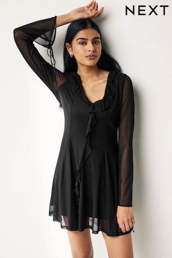 Black Long Sleeve Ruffle Mini Dress (795517) | £38