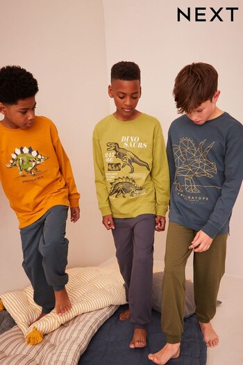 Muted Ochre Yellow/Green Dinosaur 3 Pack Long Sleeve Pyjamas (3-16yrs) (795706) | £32 - £37