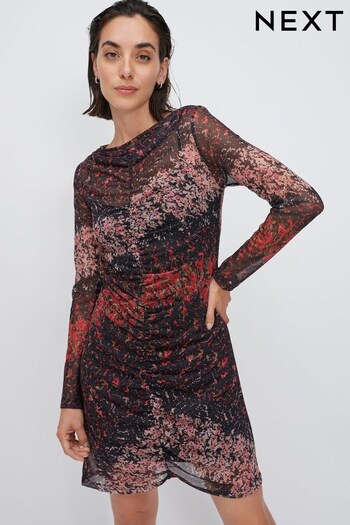 Red / Black Ditsy Long Sleeve Mesh Mini Dress (796663) | £38