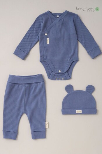 Homegrown Blue Cotton Bodysuit, Joggers and Hat 3-Piece Set (796696) | £22