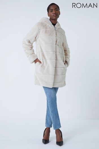 Roman White Faux Fur Hooded Longline Coat (797179) | £80