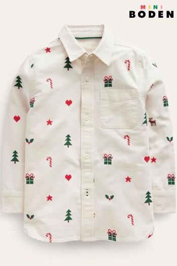 Boden Cream Christmas Embroidered Oxford Shirt (798215) | £29 - £34