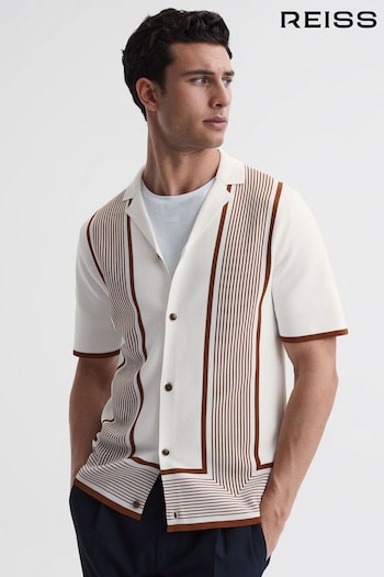 Reiss White/Camel Heath Striped Cuban Collar Shirt (798266) | £128
