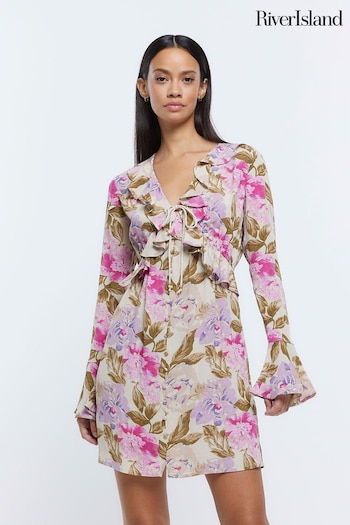 River Island Cream V-Neck Floral Tea Mini Dress (798468) | £39