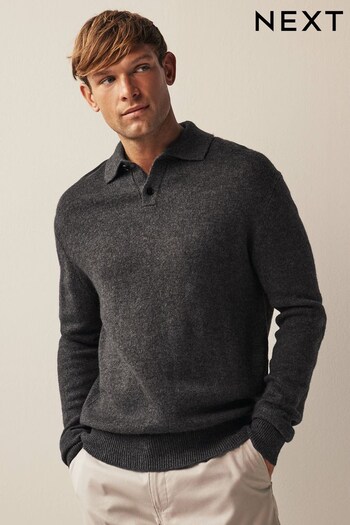 Charcoal Grey Wool Blend Relaxed Fit Knit Polo (798557) | £40