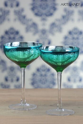 Peacock Set of 2 Green Champagne Saucers By The DRH Collection (798868) | £30