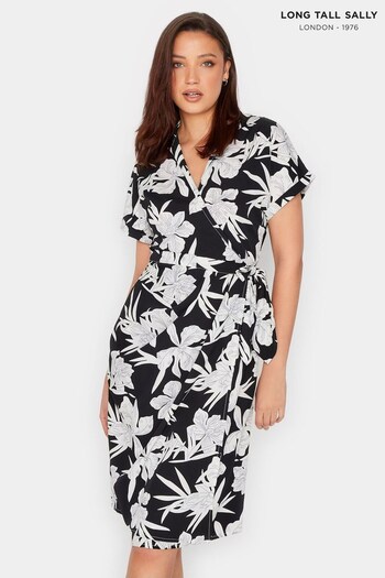 Long Tall Sally Black Floral Print Shirt Wrap Dress (7W4289) | £36