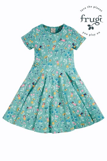 Frugi Green Organic Cotton Fairy Print Short Sleeve Spring Skater Dress (7Z0475) | £32 - £36