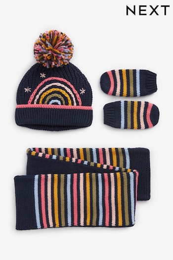 Navy Stripe Pom Cute Hat, Mitts And Scarf 3 Piece Set (3mths-6yrs) (800807) | £16 - £17