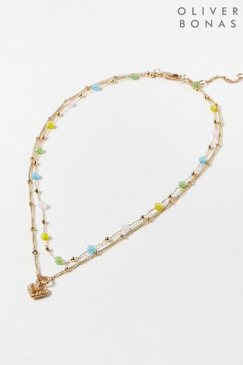 Oliver Bonas Gold Tone Aiko Heart Drop Double Row Beaded layered Necklace (801901) | £26