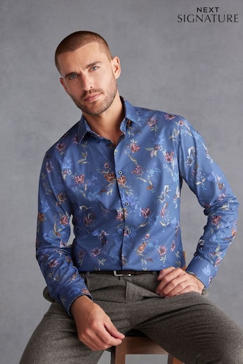 Navy Blue Floral Slim Fit Signature Trimmed Shirt (801907) | £42