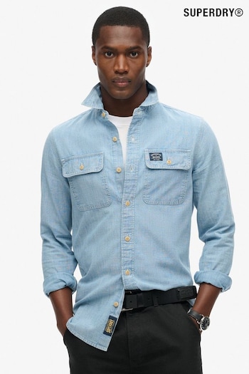 Superdry Light Blue 100% Cotton Workwear Long Sleeve Shirt (802308) | £55