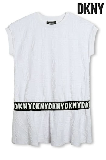 DKNY Oversized Dropped Hem Logo Embossed White T-Shirt Dress (802406) | £78 - £88