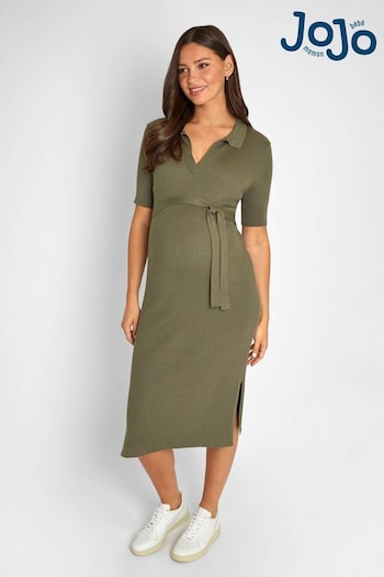Toilet Roll Holders Khaki Green Collared Ribbed Knitted Maternity Dress (803087) | £45