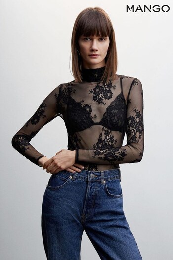 Mango Black Floral Lace T-Shirt (804132) | £30