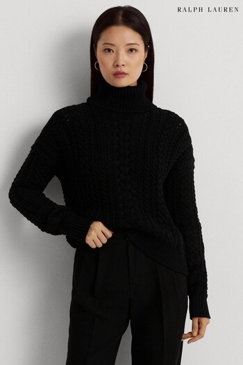 Lauren Ralph Lauren Cable Knit Cotton Blend Turtleneck Black Jumper (804344) | £189