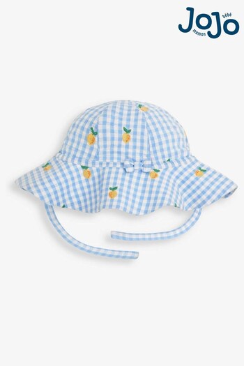 JoJo Maman Bébé Blue Girls' Gingham Lemon Embroidered Floppy Sun Hat (804385) | £14