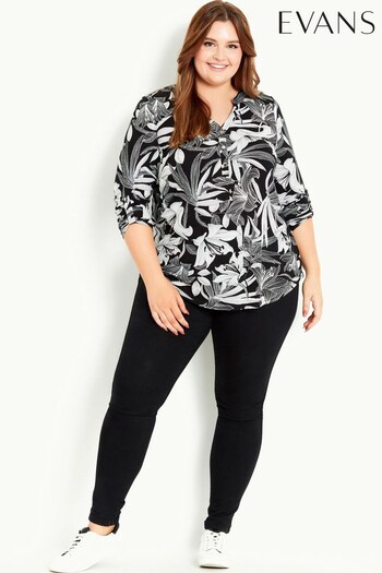 Evans Black Jersey Tropical Print Shirt (805985) | £28