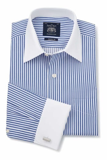Savile Row Co Blue Stripe Classic Fit Double Cuff Shirt (806441) | £55