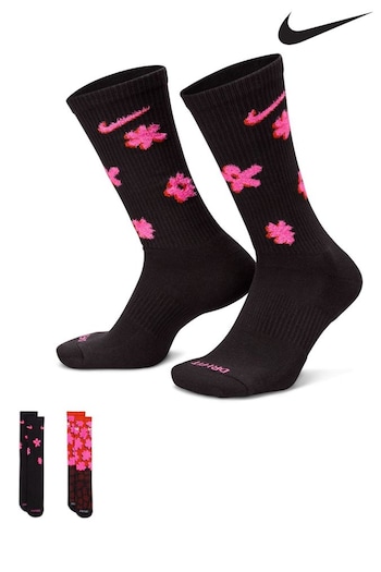 Nike Black Dri-FIT Everyday Plus Flower Power Cushioned Crew Socks 2 Pack (807232) | £18