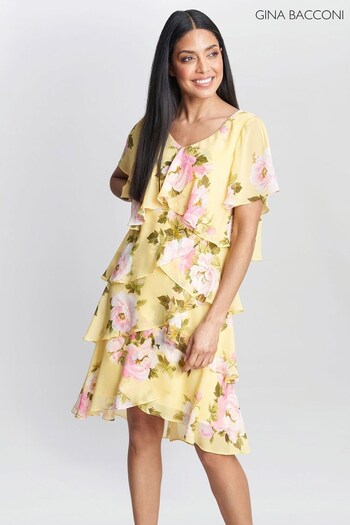 Gina Bacconi Yellow Edith Printed V-Neck Tiered Dress (808378) | £220
