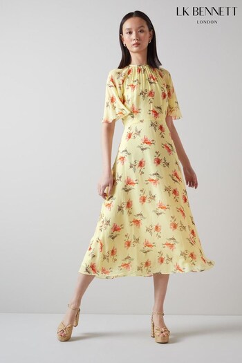 LK Bennett Yellow Elowen Yellow Giant Poppy Print Midi Dress (809326) | £329