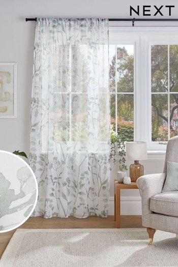 Green Isla Floral Printed Slot Top Unlined Sheer Panel Voile Curtain (810164) | £18 - £26