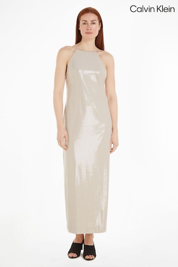 Calvin Klein Natural Sequin Halterneck Maxi Dress (810293) | £330