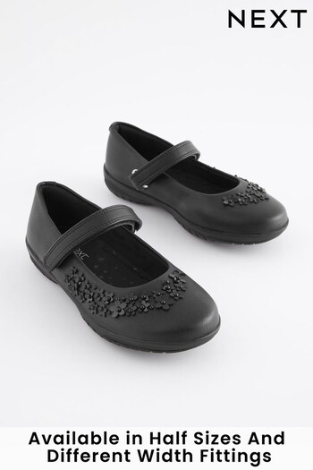 Black Standard Fit (F) School Flower Mary Jane Shoes (810409) | £24 - £31