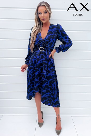 AX Paris Blue Cobalt And Black Print Long Sleeve Belted Wrap Midi Dress (810460) | £50