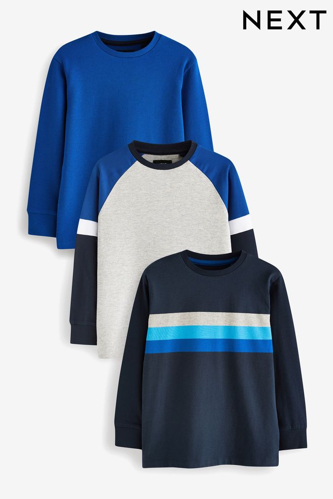Blue/Grey Marl Long Sleeve Colourblock T-Shirts 3 Pack (3-16yrs) (810893) | £25 - £36