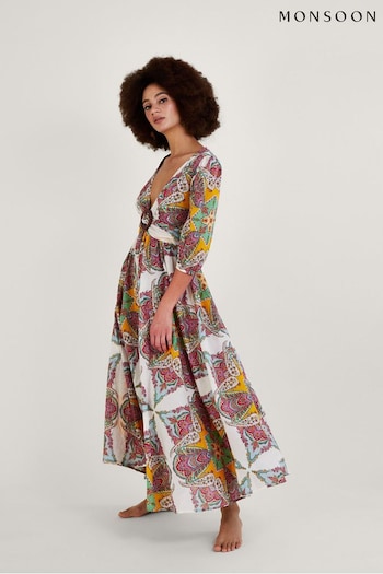 Monsoon Paisley Brown Sustainable Cotton Scarf Print Maxi Essentiel Dress (810946) | £80